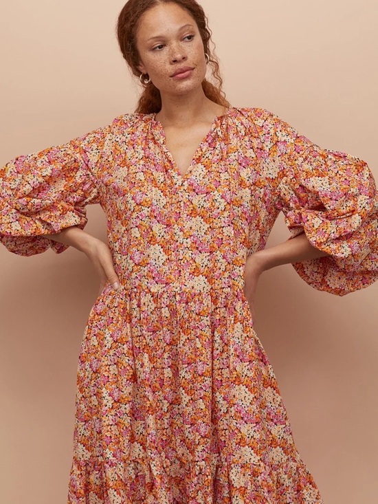 easel Dresses & Skirts - easel Floral Puff-Sleeve Midi Dress in Pink & Orange